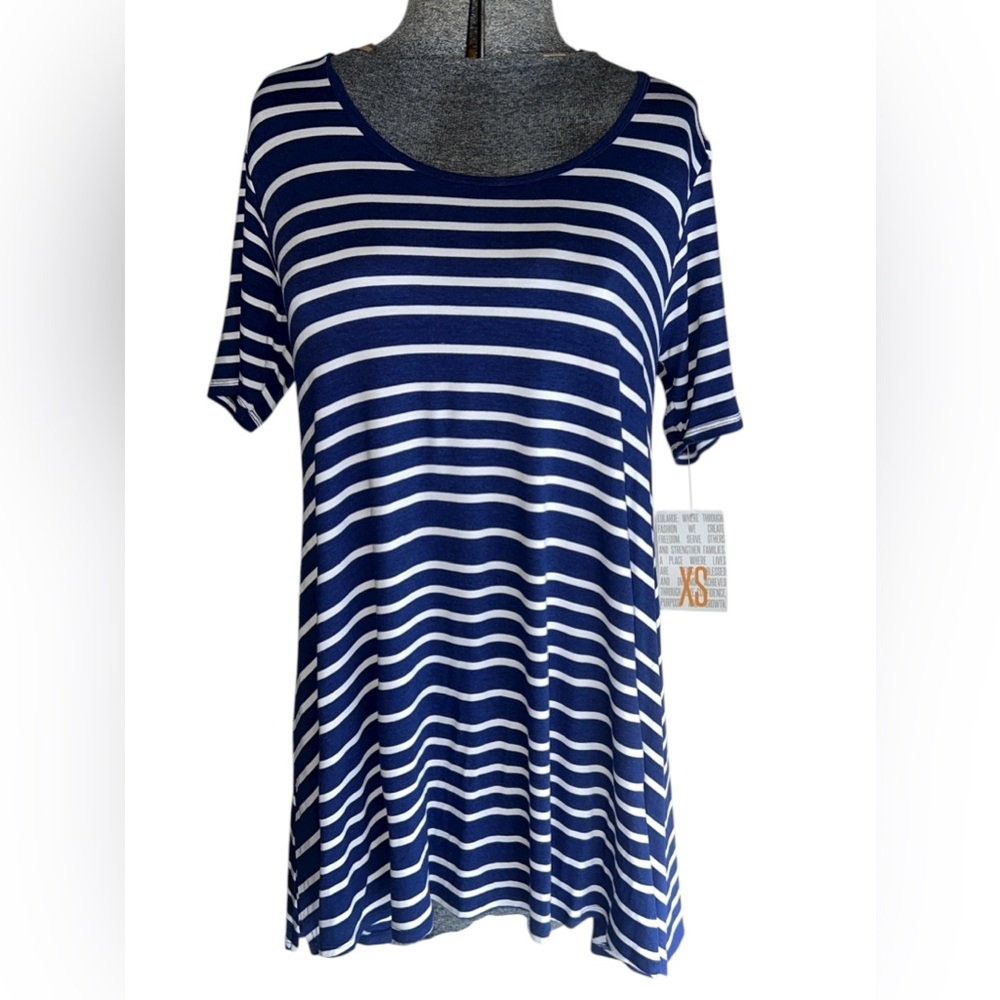 NWT LuLaRoe Morgan Flare Tee in navy blue and white stripes
